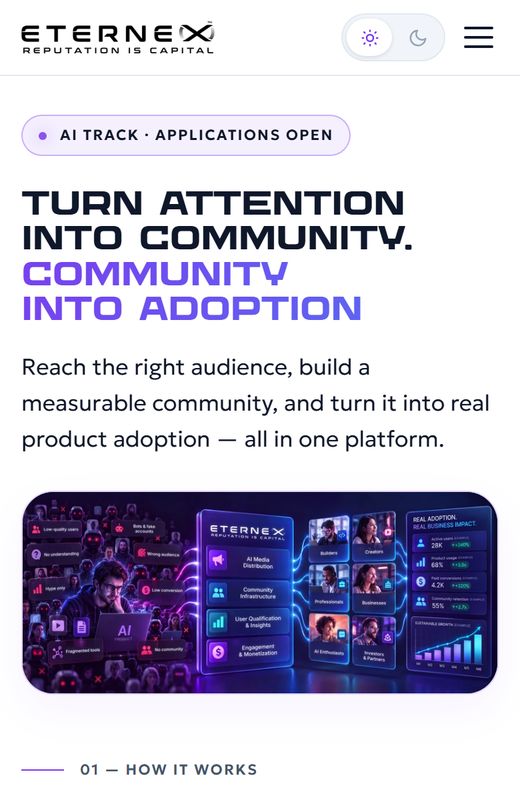 Eternex AI — лендинг для AI-продуктов: первый экран на телефоне