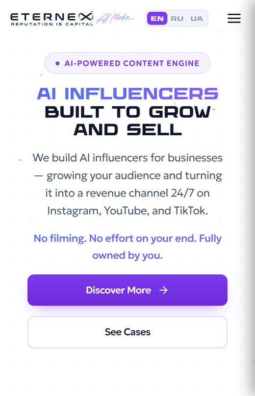 Eternex AI Influencers — AI-инфлюенсеры для бизнеса: первый экран на телефоне