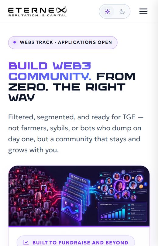 Eternex Web3 — лендинг для блокчейн-проектов: первый экран на телефоне