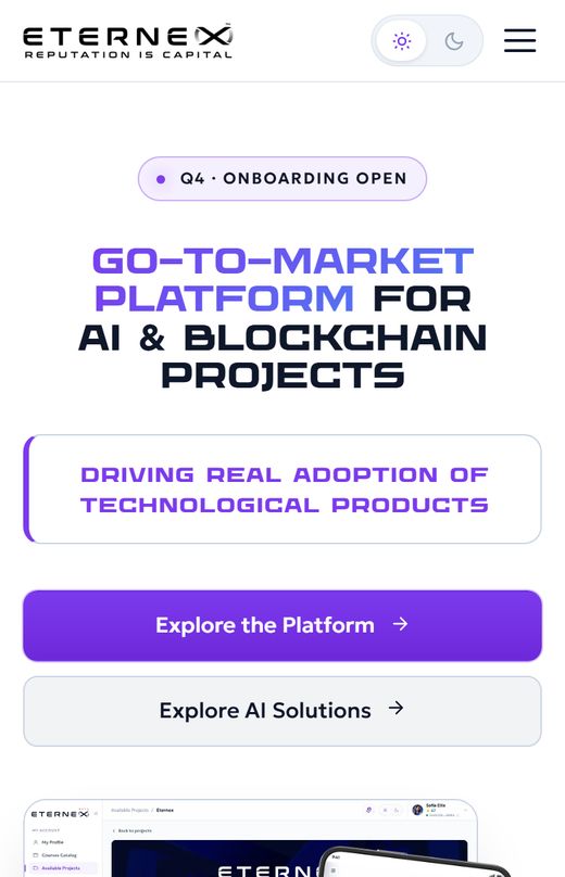 Eternex — платформа для AI и блокчейн-проектов: первый экран на телефоне